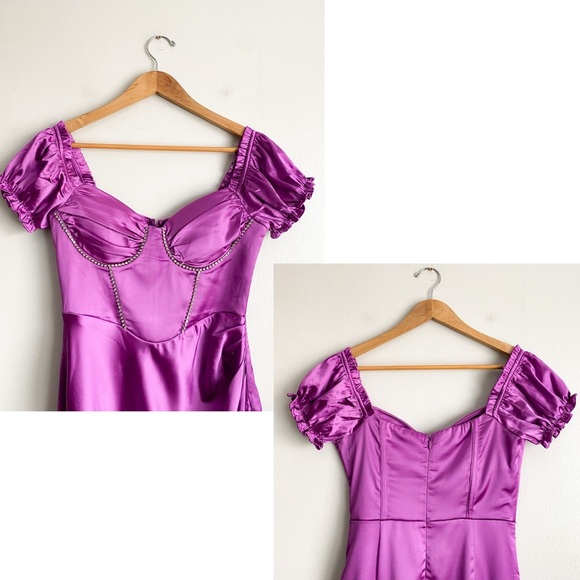 Hello Molly Midi Purple Rhinestone Silky Formal Prom Wedding Dress Puff Sleeve 4 - Picture 9 of 12